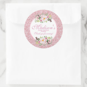 Trendige Glitter Rosa Floral Sweet 16 Danke Runder Aufkleber