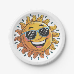 Trendige glückliche gelbe Sonne mit Sonnenbrille   Pappteller