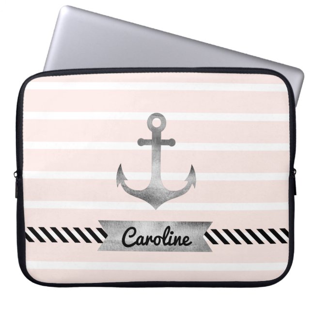 Trendige, hellrosa Streifen Nautical Anchor Custom Laptopschutzhülle (Vorderseite)