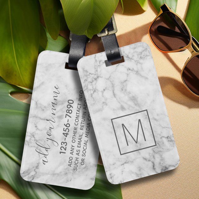 Trendige Imitate Marmormuster mit quadratischem Mo Gepäckanhänger (Personalized luggage tag with marble pattern and monogram - add contact information on back)