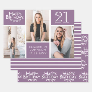 Trendige lila Fotocollage zum 21. Geburtstag Geschenkpapier Set