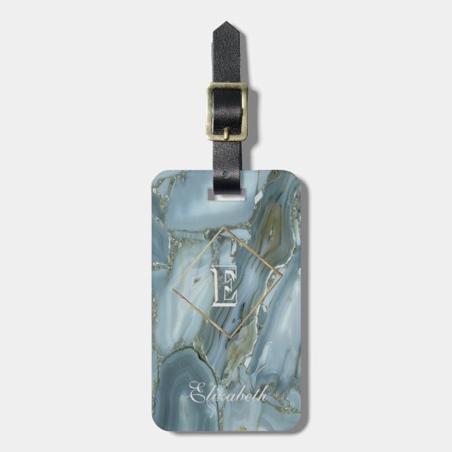 Trendige Marmortextur, monogramm-personalisiert Gepäckanhänger (Vorderseite vertikal)