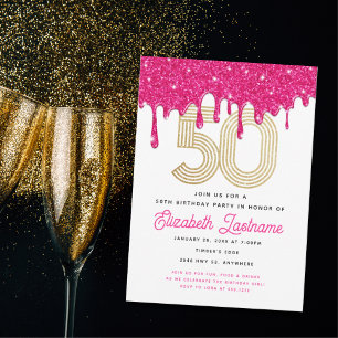 Trendige pinke Glitter-Drip-Einladung zum 50. Gebu Einladung