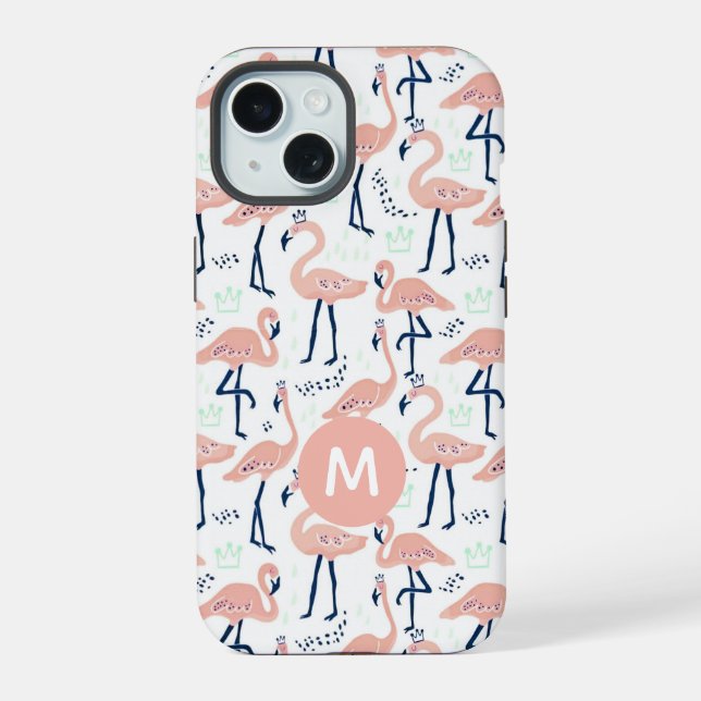 Trendige Prinzessin Flamingo Muster Monogramm iPhone 15 Hülle (Rückseite)
