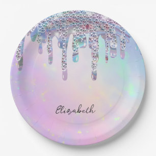 Trendige Regenbogen-Glitter-Tropfen Holografisch Pappteller