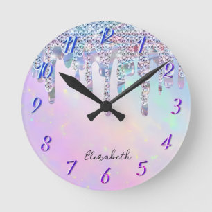 Trendige Regenbogen-Glitter-Tropfen Holografisch Runde Wanduhr