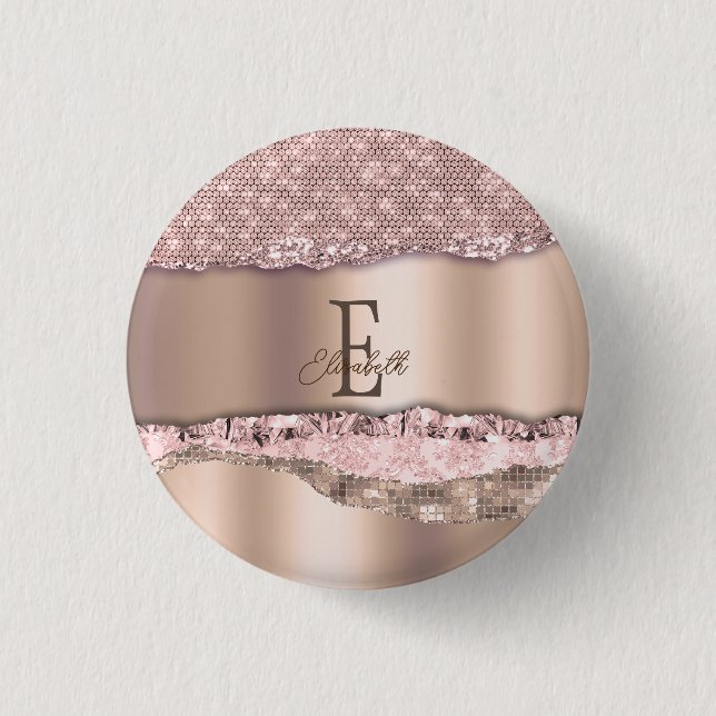 Trendige Roségold-Diamanten Glitter-Monogramm Button (Vorderseite)