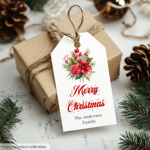 Trendige rote weiße Poinsettia-Feiertags-Geschenka Geschenkanhänger