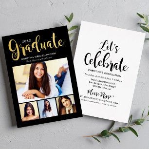 Trendige schwarze Gold-Absolventen-Multi-Foto-Part Folieneinladung