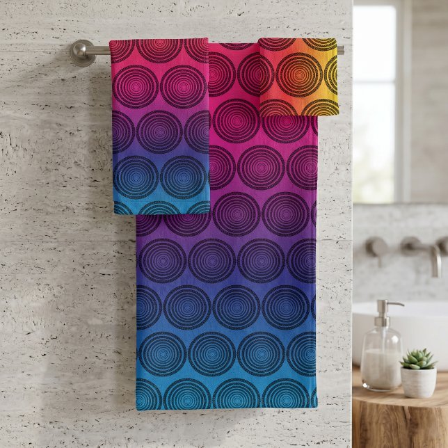 Trendige schwarze Kreise auf Rainbow-Hintergrundmu Badhandtuch Set (Von Creator hochgeladen)