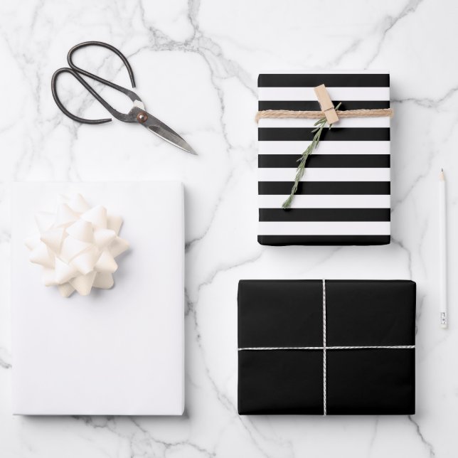 Trendige Streifen Schwarz-weiß, solide Farbe Geschenkpapier Set (Vorderseite)