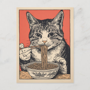 Trendige süße Katze, die japanische Ramen isst  Postkarte