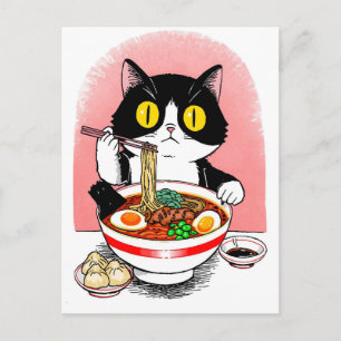 Trendige süße Katze, die japanische Ramen isst Postkarte