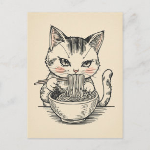 Trendige süße Katze, die japanische Ramen isst  Postkarte