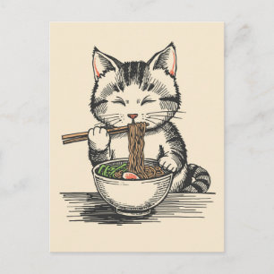 Trendige süße Katze, die japanische Ramen isst  Postkarte