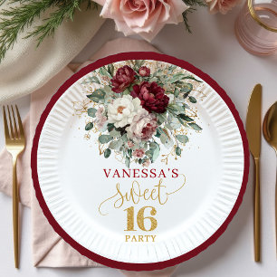 Trendige Sweet 16 Blush Burgunder Florale Teller