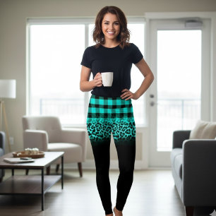 Trendige teal karierte und Leoparden-Druck Legging Leggings
