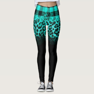 Trendige teal karierte und Leoparden-Druck Legging Leggings