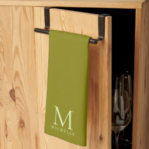 Trendige Template-Monogramm-Name Elegantes Olivgrü Geschirrtuch