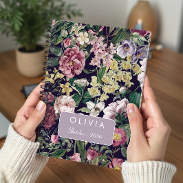 Trendige Vintage Rosa Schwarzes Florales Monogramm Notizblock