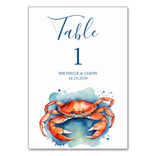 Trendige Wasserfarbe Roter Krebs Nautical  Tischnummer