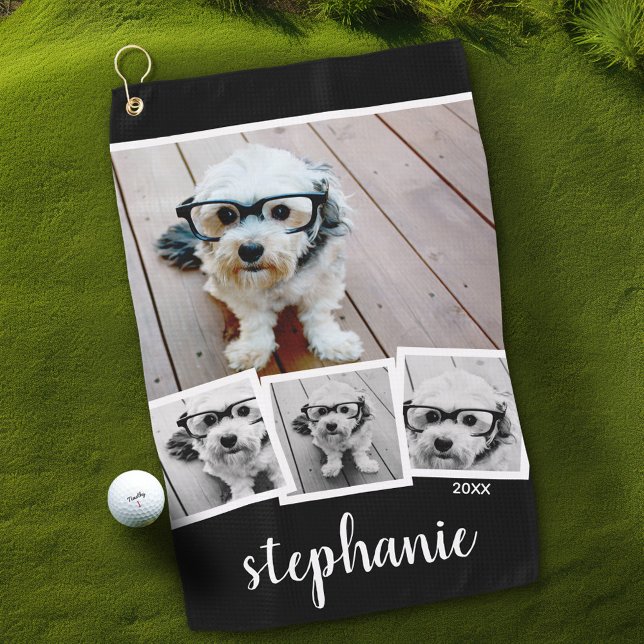 Trendiger 4-Foto-Collage-Script-Name Weiß Schwarz Golfhandtuch (Personalized Golf Towel with Photos and Text)