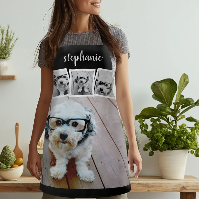 Trendiger 4-Foto-Collage-Script-Name Weiß Schwarz Schürze (Custom Photo Apron)