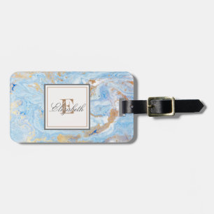 Trendiger blauer Goldstein-Marmor-Textur, Monogram Gepäckanhänger