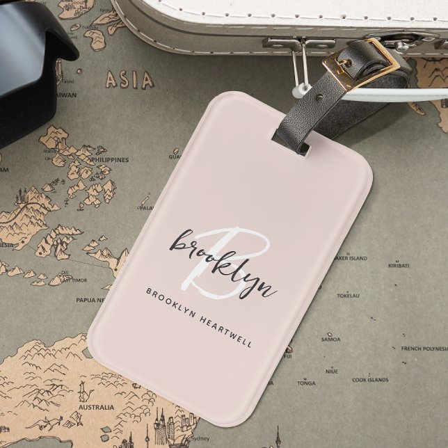 Trendiger Blush Pink Grauer Skript Monogramm Name Gepäckanhänger (Von Creator hochgeladen)