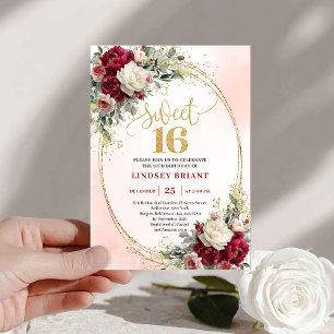 Trendiger Boho-Tiefrot-Gold-Blumen-Sweet Sixteen  Einladung