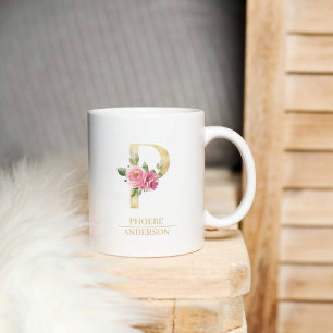 Trendiger goldener Wasserfarben-Blumenbuchstabe P  Kaffeetasse