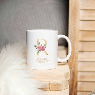 Trendiger goldener Wasserfarben-Blumenbuchstabe R  Kaffeetasse