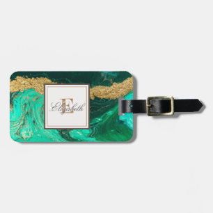 Trendiger grüner Goldstein Marmortextur, Monogramm Gepäckanhänger