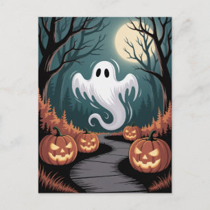Trendiger gruseliger Halloween-Kürbis-Geist-Mondwa Postkarte