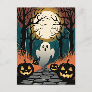 Trendiger gruseliger Halloween-Kürbis-Geist-Mondwa Postkarte