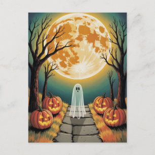 Trendiger gruseliger Halloween-Kürbis-Geist-Mondwa Postkarte