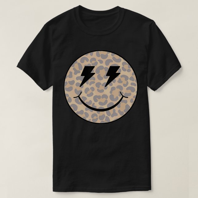 Trendiger Leopard Smiley Gesicht Blitz T-Shirt (Design vorne)