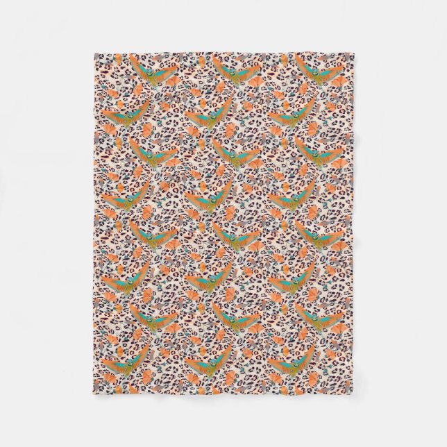 Trendiger Leopardenprint, Paradiesvögel, orange Fleecedecke (Vorderseite)