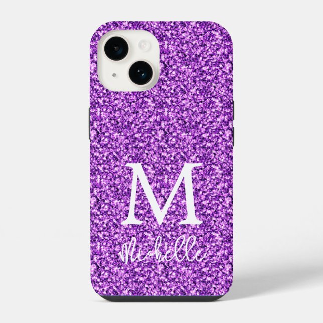 Trendiger lila Glitter-Monogramm-Initial-Name iPhone Hülle (Rückseite)