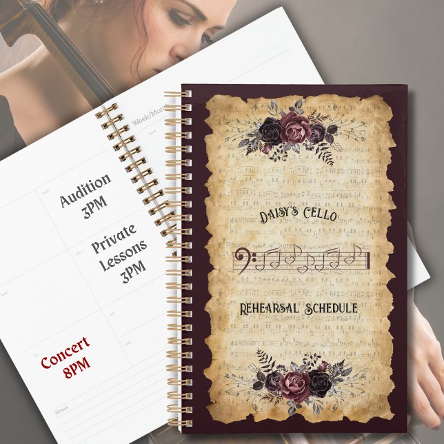 Trendiger Musiker Cello-Probenplaner Notizbuch Planer (Personalized trendy botanical cello rehearsal planners—set your schedule in luxury style. )