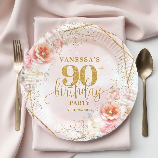 Trendiger Rosa Blüten-Gold 90. Geburtstag Pappteller (Trendy Blush Pink Floral Gold 90th Birthday Plate)