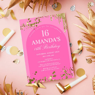 Trendiger rosa und goldener Glitter-Drip-Geburtsta Einladung