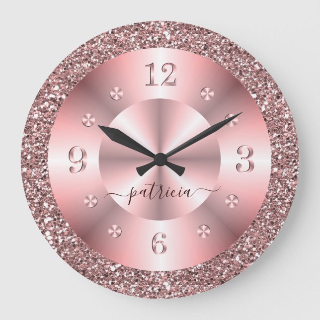 Trendiger Roségold-Glitter-Sparkle-Personalisierte Große Wanduhr (Vorderseite)