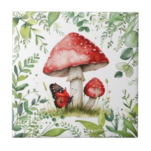 Trendiger roter Pilz mit Schmetterling Fliese