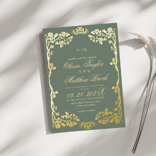 Trendiger Salbei- und Goldrosen-Blumen-Hochzeit vo Folieneinladung