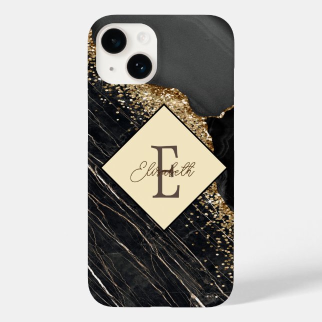 Trendiger schwarzer Marmor, Gold-Sequins-Monogramm Case-Mate iPhone Hülle (Rückseite)