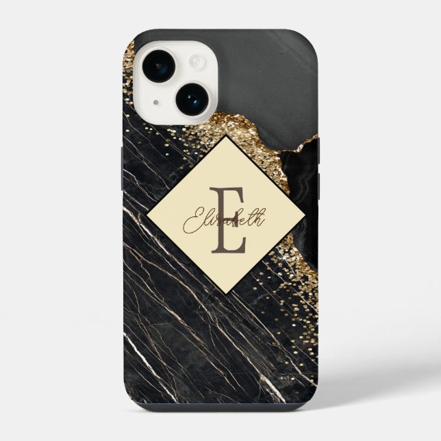 Trendiger schwarzer Marmor, Gold-Sequins-Monogramm iPhone Hülle (Rückseite)