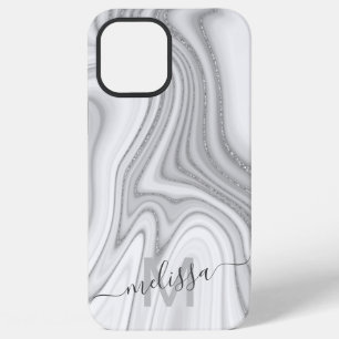 Trendiger silberner Glitter-Marmor-Name-Monogramm iPhone 12 Pro Max Hülle