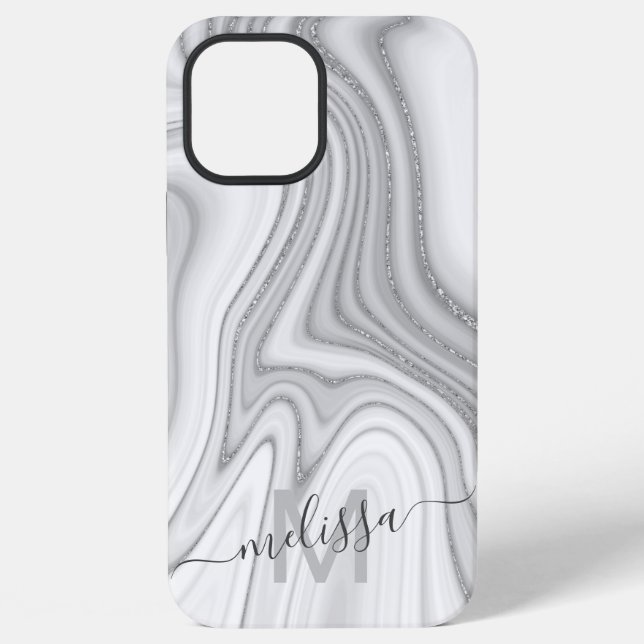 Trendiger silberner Glitter-Marmor-Name-Monogramm iPhone Hülle (Rückseite)