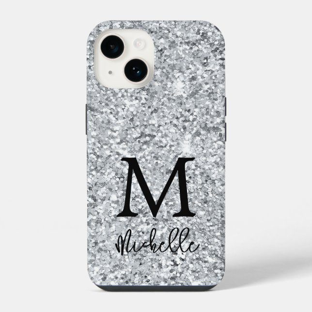 Trendiger silberner Glitter-Monogramm-Name iPhone Hülle (Rückseite)